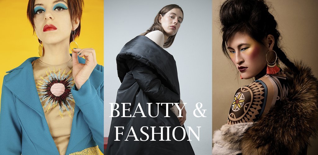 Collage titled 'Beauty Fashion Editorial' featuring stunning fashion and makeup creations by Anett Alexandra Bulano. Images by photographers Lara Wilde and Vlada Migas. Portfolio SFX Make-up and Hair-styling