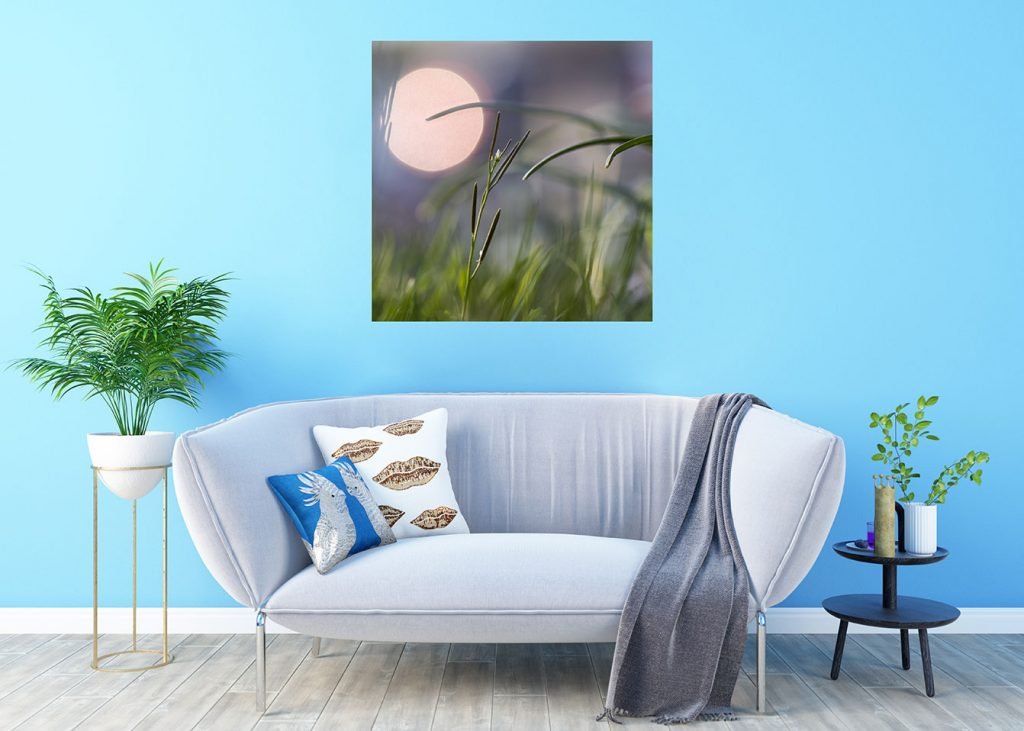 Canvas frame with 'Twilight Breeze' image in light blue living room with grey couch.